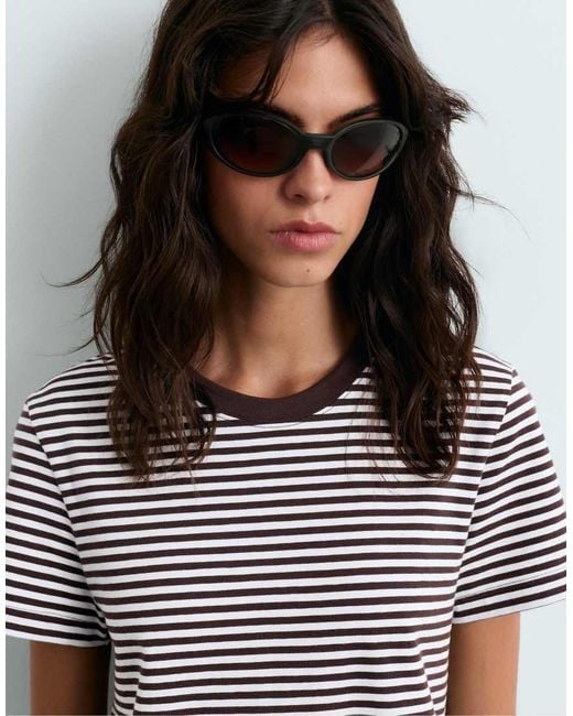 Oysho White Regular Fit Striped Cotton Blend Short-Sleeved T-Shirt