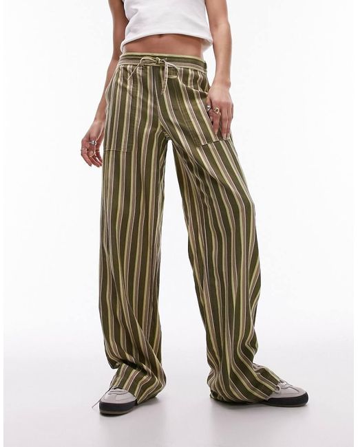 TOPSHOP Multicolor Low Rise Stripe Draw Cord Straight Leg Linen Trouser