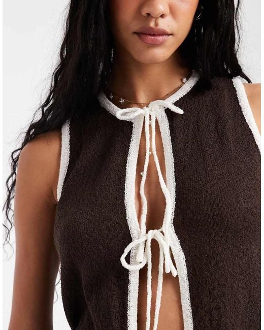 4th & Reckless Brown Knitted Contrast Trim Tie Front Beach Waistcoat Top Co-Ord