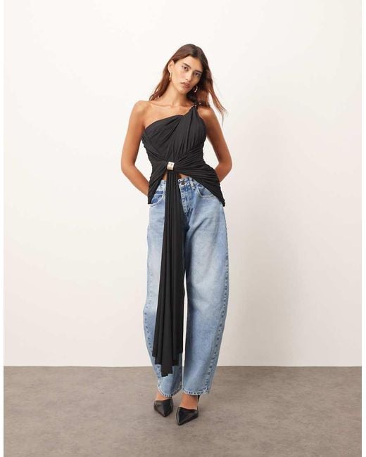 ARRANGE Black One Shoulder Drape Top With Metal Trim Detail