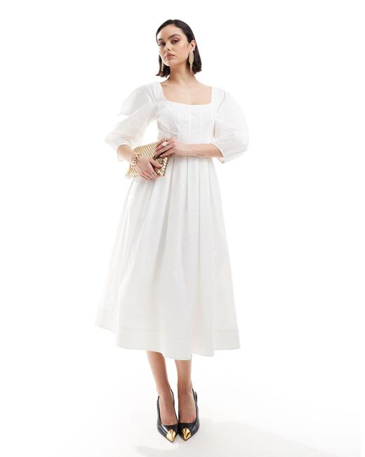 & Other Stories White Midaxi Dress With Volume Sleeves And Corset Detail