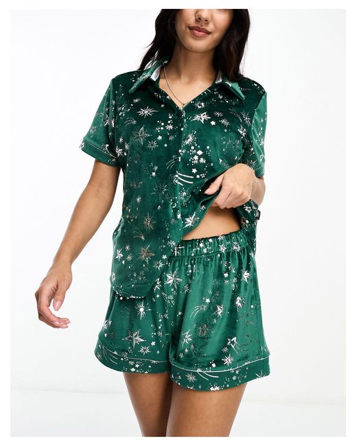 Chelsea Peers Green Christmas Velvet Revere Top And Short Pyjama Set With Silver Foil Print