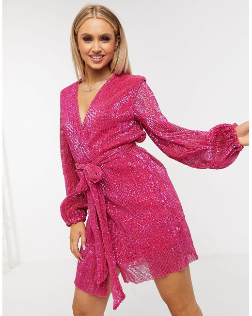 Club L London Sequin Wrap Front Mini Dress With Belt Detail in Pink | Lyst
