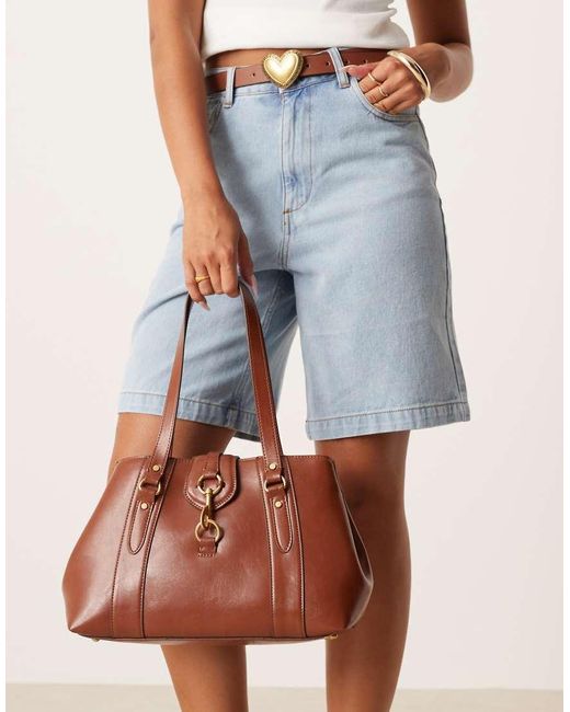 Bolso De Mano Marrón Envejecido De Estilo Retro Con Detalle De Cierre De Mango de color Brown