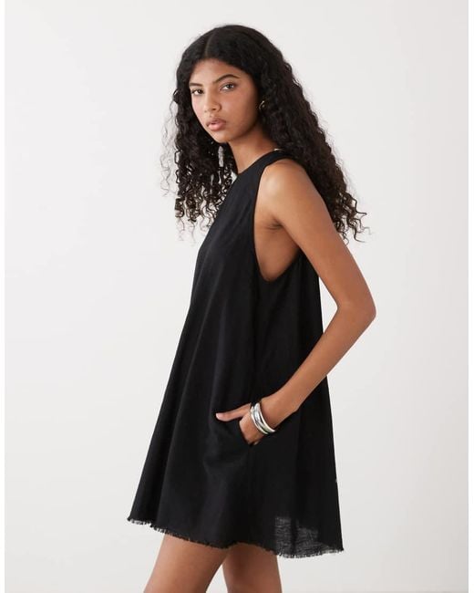 Monki Black Linen Blend Sleeveless A Line Mini Dress With Frayed Edge