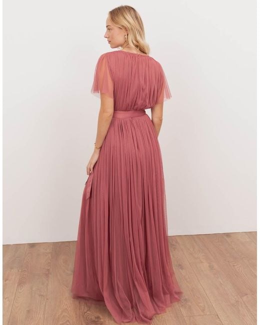 ANAYA Red Tulle Faux Wrap Short Sleeve Maxi Dress