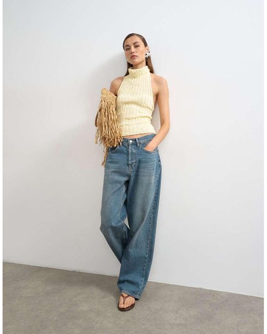 TOPSHOP Blue Knitted Drape Neck Low Back Top