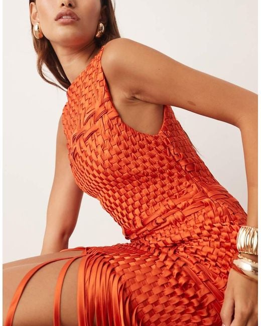 ARRANGE Orange Lattice Handwoven Fringe Hem Midi Dress