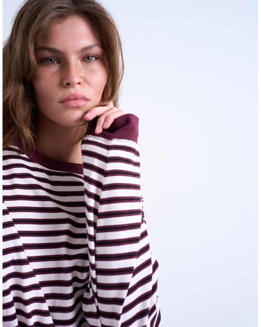 T-Shirt A Maniche Lunghe Extra Larga Stile Skater Bordeaux A Righe di TOPSHOP in Red
