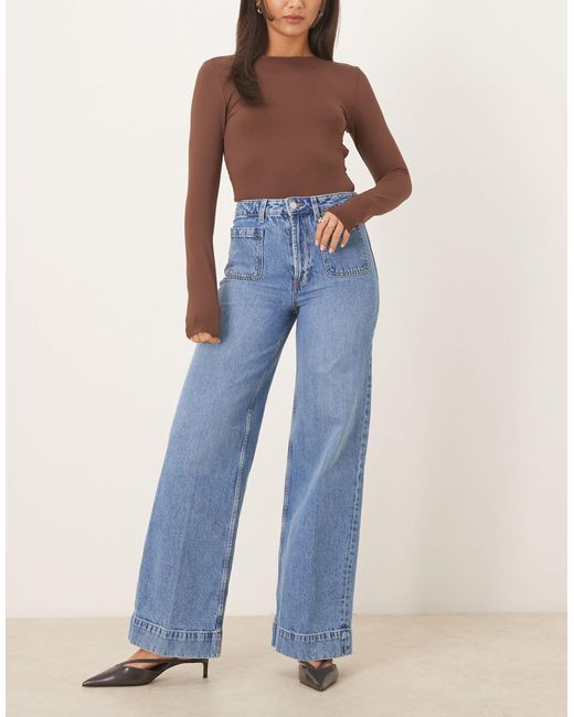 ASOS Blue High Waist Wide Leg Jeans With Front Pockets