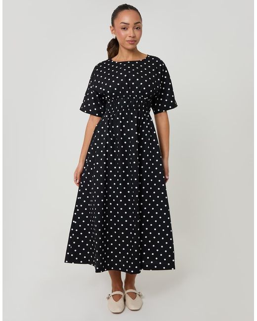 Threadbare Black Elasticated Waist Polka Dot Poplin Midi Dress