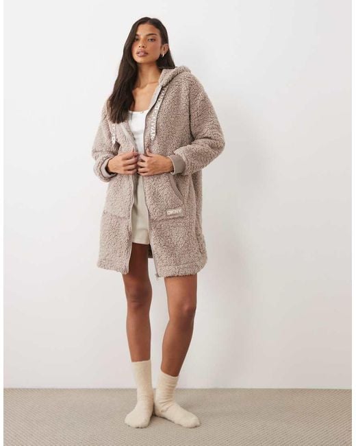 DKNY Natural Sherpa Long Sleeve Hooded Zip Robe
