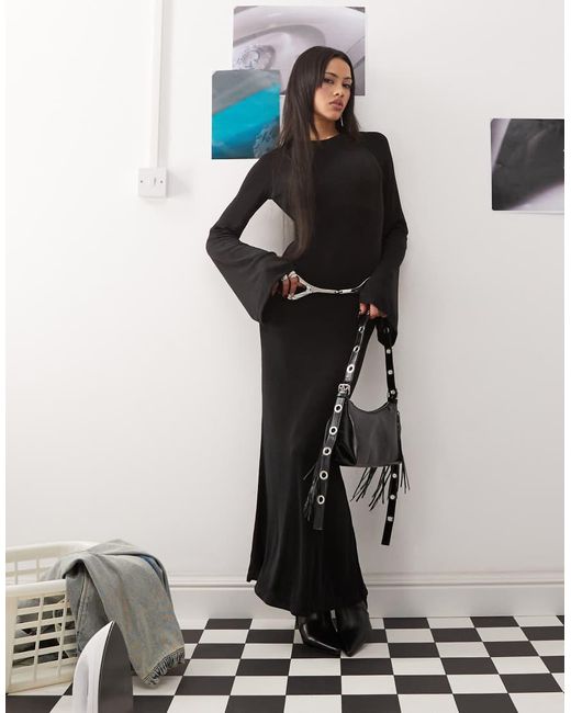 Princess Polly Black Flared Sleeve Open Back Woven Maxi Dress