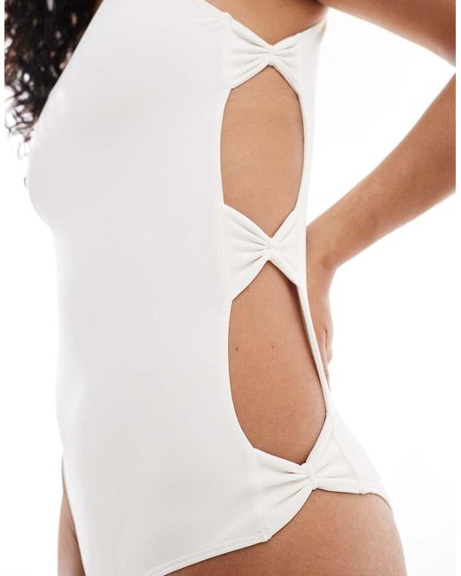 Monki White Mix And Match Cut Out Swimsuit With Bow Details