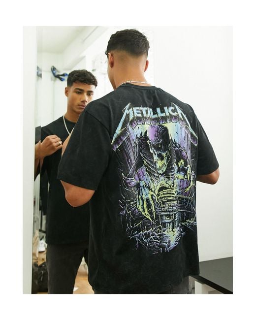 Pull&Bear Black Metallica Acid Wash T-shirt for men