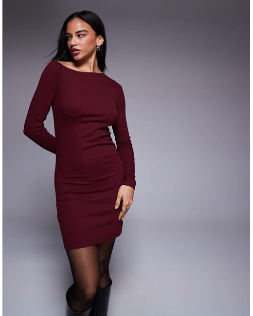 ASOS Purple Ribbed Long Sleeve Split Front Mini Dress