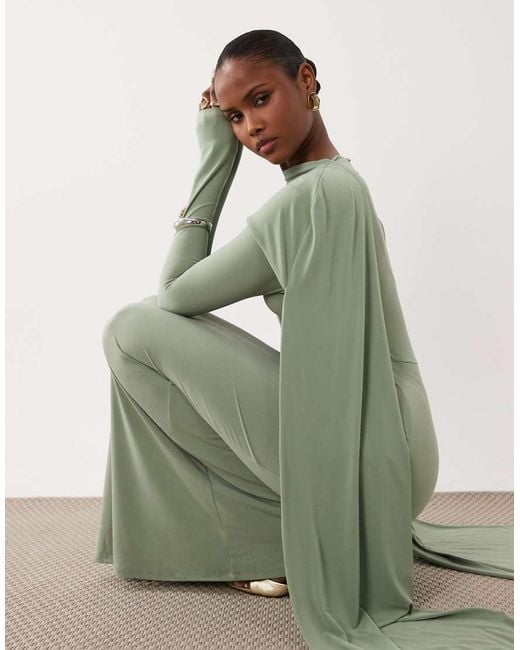 ASOS Green Slinky Long Sleeve Maxi Dress With Extreme Cape Shoulder Detail