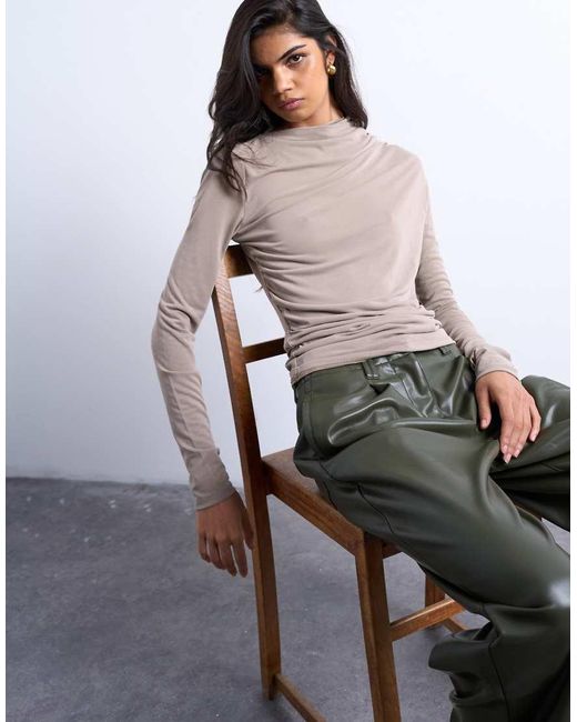 TOPSHOP Top Van Cupro Met Rimpeleffect En Lange Mouwen in het Gray