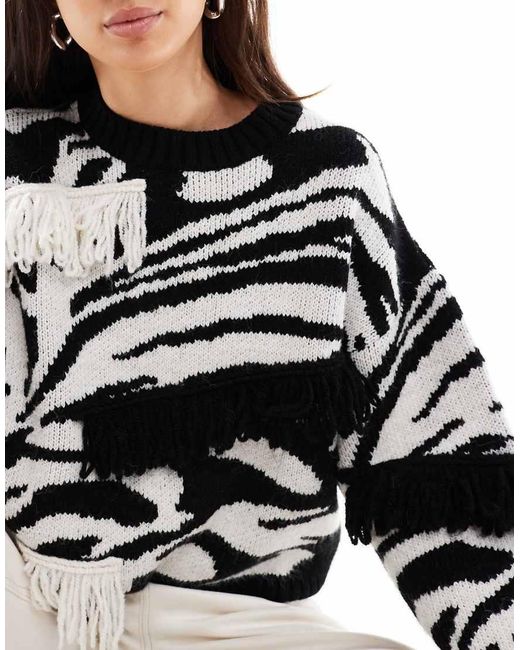 ASOS White Abstract Pattern Fringed Jumper