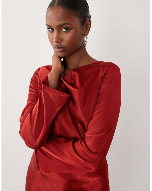 TFNC London Red Satin Fla Long Sleeve Maxi Dress