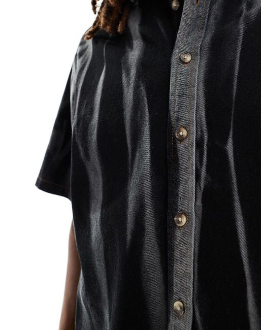 ASOS Black Boxy Oversized Short Sleeve Denim Shirt With Acid Wash Stripes for men