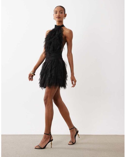 LACE & BEADS Black Tulle Halter Ruffle Detail Tiered Mini Dress