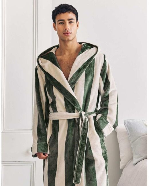 Chelsea Peers Natural Fleece Stripe Hooded Dressing Gown for men