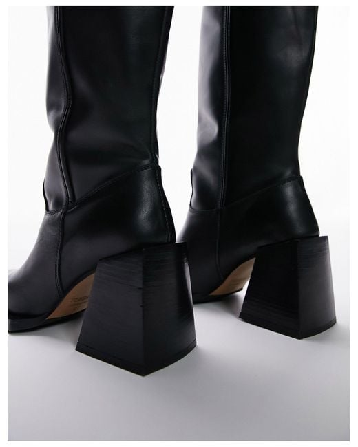 TOPSHOP Black Wide Fit Talia Premium Leather Square Toe Knee Boot