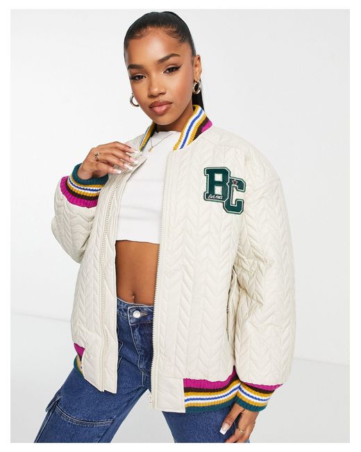 Urban Revivo Synthetic Varsity Quilted Baseball Jacket in White Lyst