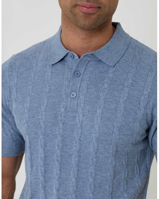 Threadbare Blue Cable Stripe Knitted Button Polo for men