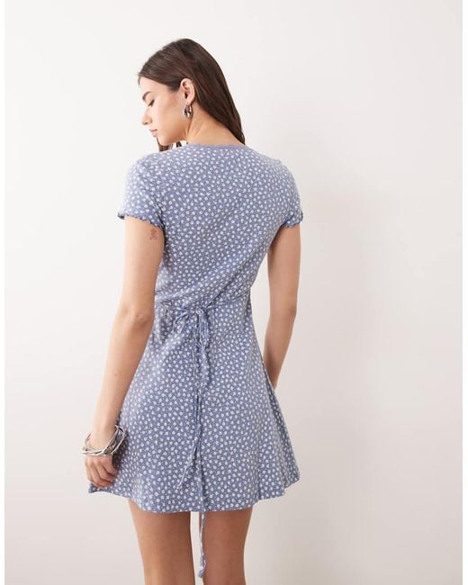 Miss Selfridge Blue Ditsy Print Pointelle Lace Trim Wrap Dress
