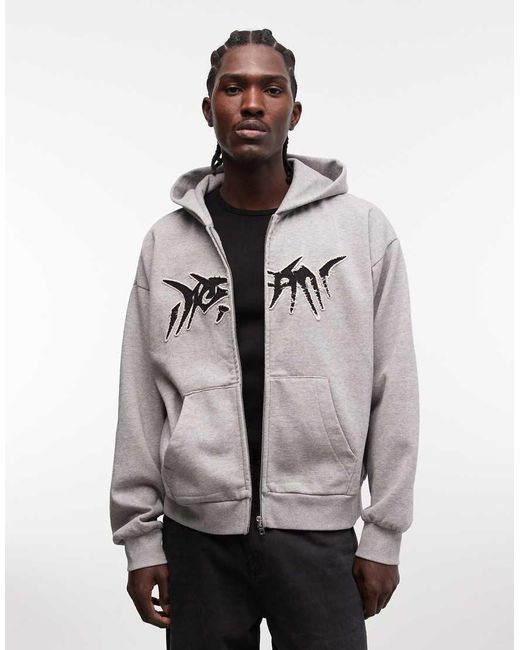 Weekday Gray Square Graphic Zip Hoodie for men