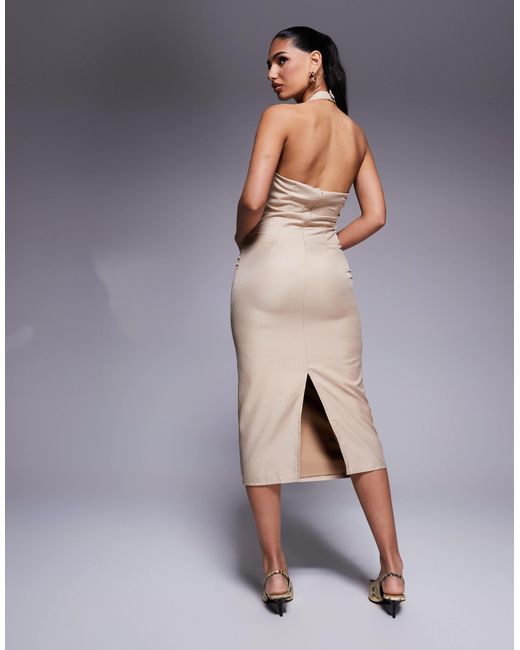 Exclusivité - - robe ajustée longueur mollet à fines rayures avec buste drapé et dos nu - taupe Kaiia en coloris Gray