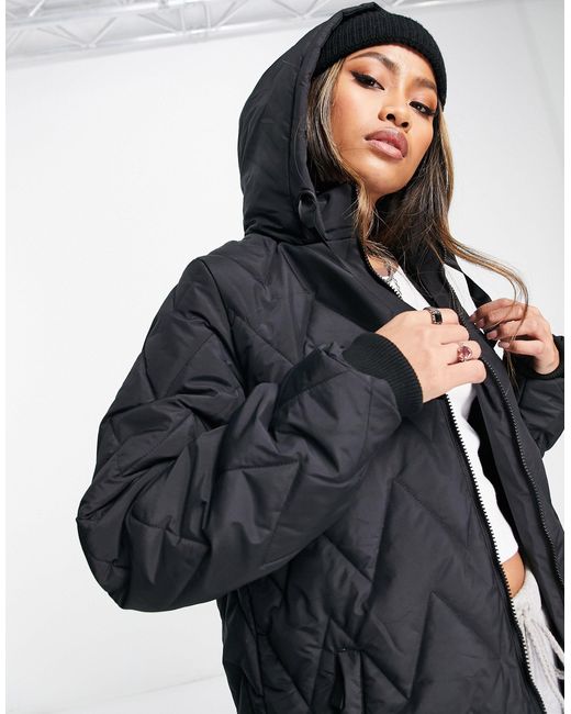 French Connection Black Long Length Chevron Padded Jacket