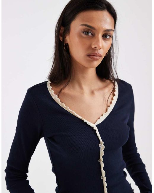 ONLY Blue Rib Knit Cardigan With Lettuce Edge