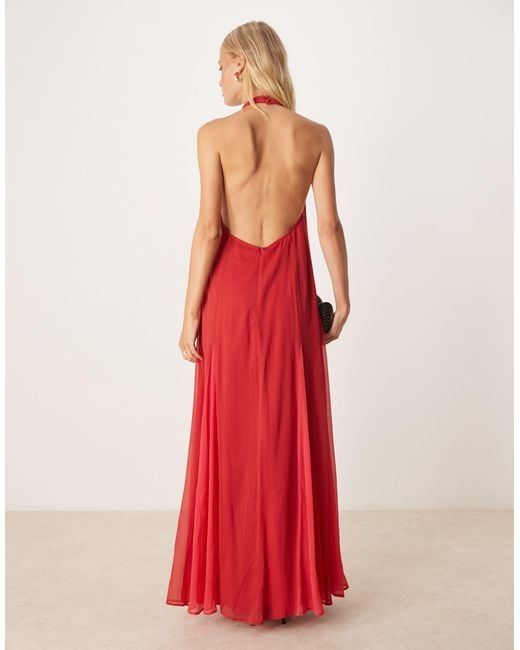ASOS Red High Neck Chiffon Maxi Dress With Contrast Godet Skirt