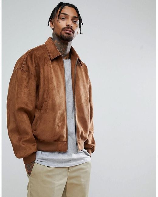 ASOS Brown Design Oversized Faux Suede Harrington Jacket In Tan for men