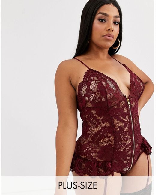 Ann Summers Red Curve Taylor Lace Zip Front Bodysuit With Suspenders