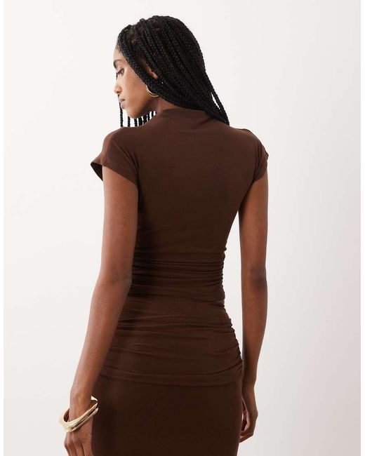 4th & Reckless Brown Ruched Side High Neck Short Sleeve Top