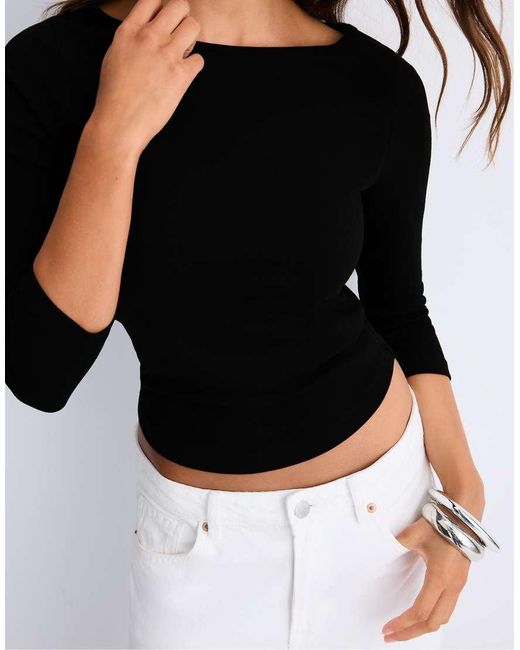 Stradivarius White Boat Neck 3/4 Sleeve T-shirt
