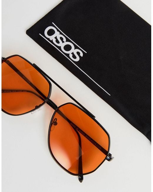 ASOS Asos Black Metal Aviator Fashion Sunglasses With Orange Lens | Lyst UK