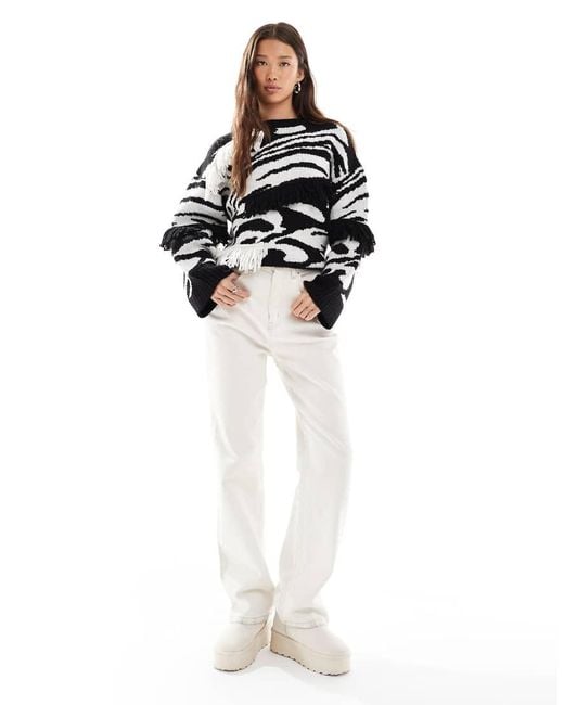 ASOS White Abstract Pattern Fringed Jumper