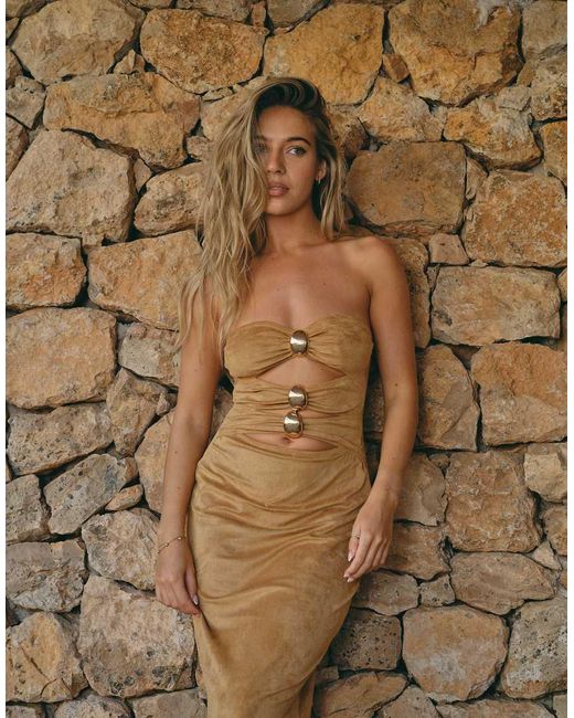 South Beach Brown X Liv Silverman Suedette Maxi Dress With Cutout Detailing