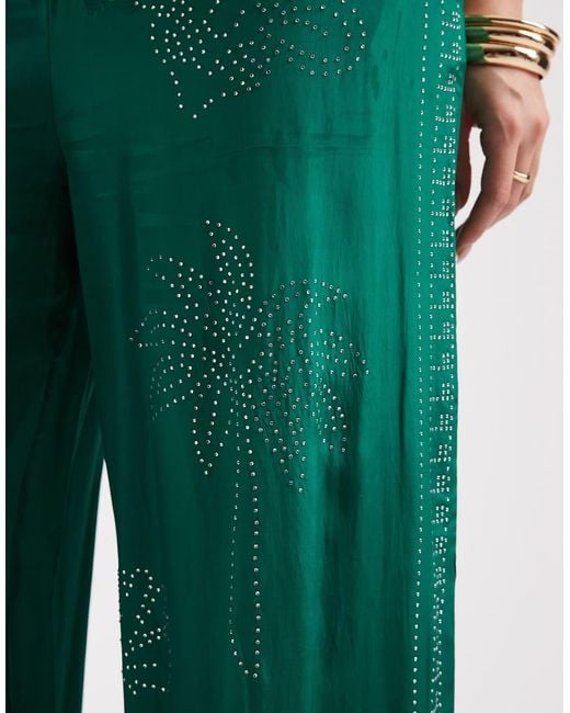River Island Green Heat Seal Diamante Wide Leg Pants