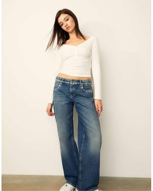 Stradivarius White Str Button Front Long Sleeve Top