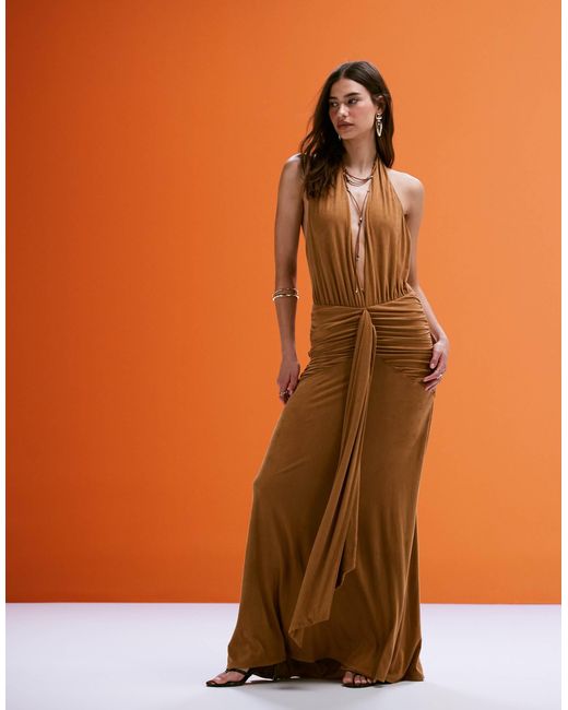 AFRM Women's Blue Faux Suede Halter Neck Maxi Dress With Tie Front