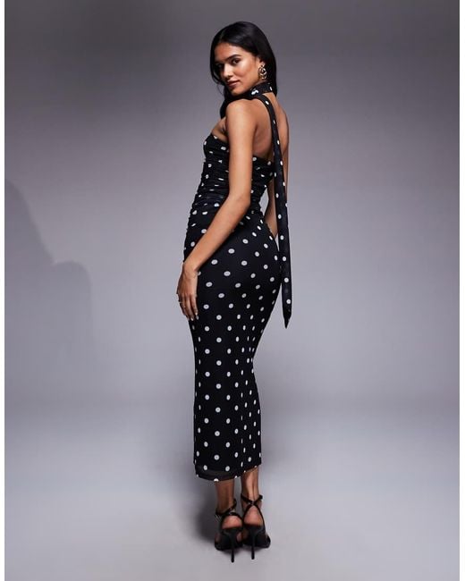 ASOS Blue Printed Polka Dot Bandeau Maxi Dress With Scarf Detail