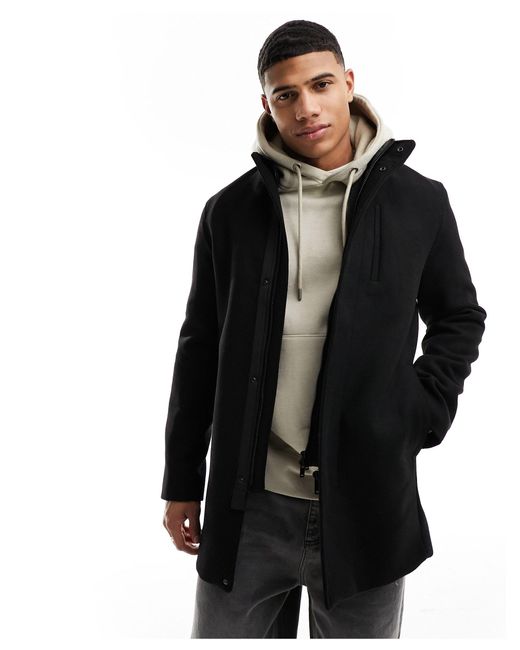 River Island Black Regular Fit Wool Blend Coat for men
