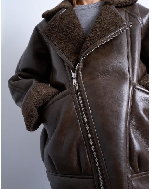 TOPSHOP Brown Vintage Wash Faux-shearling Aviator Bomber Jacket