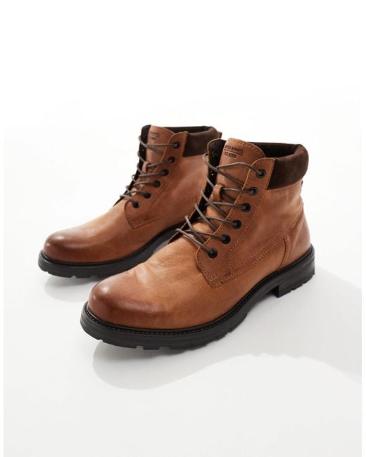 Jack & Jones Brown Lace Up Leather Boot for men